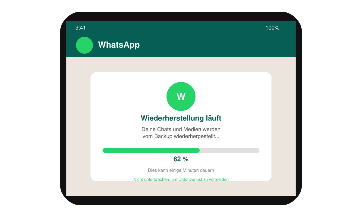 WhatsApp-Bildschirm mit Fortschrittsbalken während der Backup-Wiederherstellung auf einem neuen Smartphone