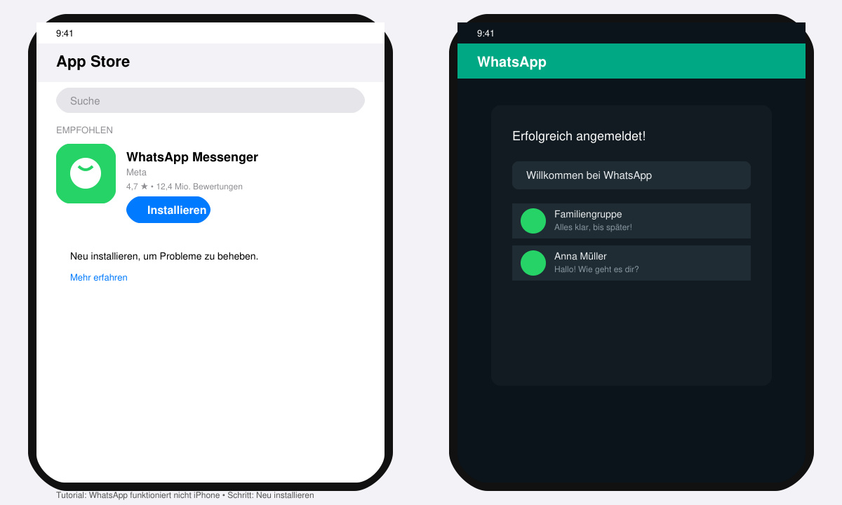 App Store-Seite von WhatsApp mit Installieren-Button und erfolgreichem Login-Bildschirm