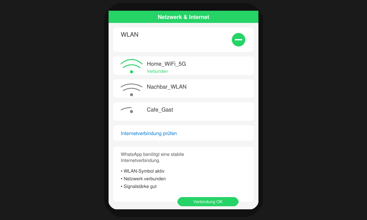 Smartphone-Bildschirm mit aktiviertem WLAN-Symbol und WhatsApp-Startbildschirm
