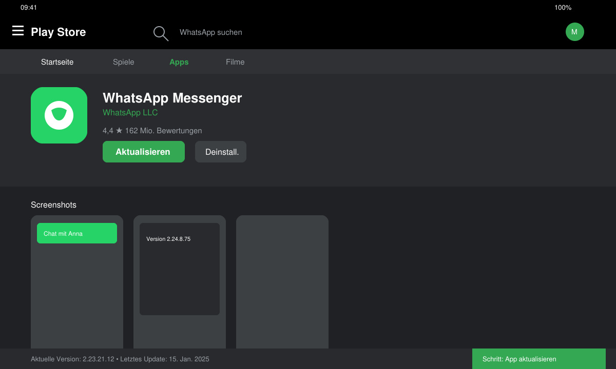 Google Play Store Bildschirm mit WhatsApp-Update-Button