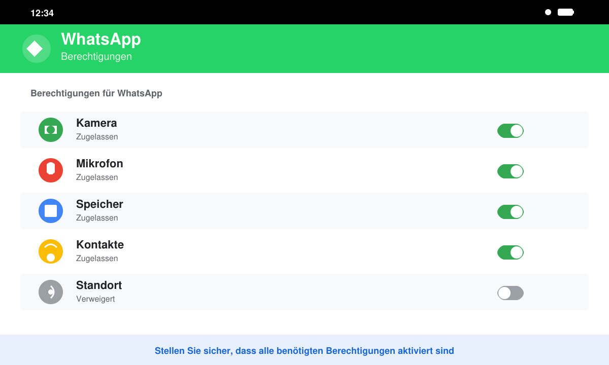 Android-App-Berechtigungsmenü mit WhatsApp-Einstellungen
