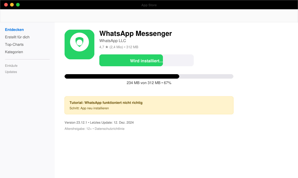 Installationsbildschirm von WhatsApp im App Store mit Fortschrittsanzeige