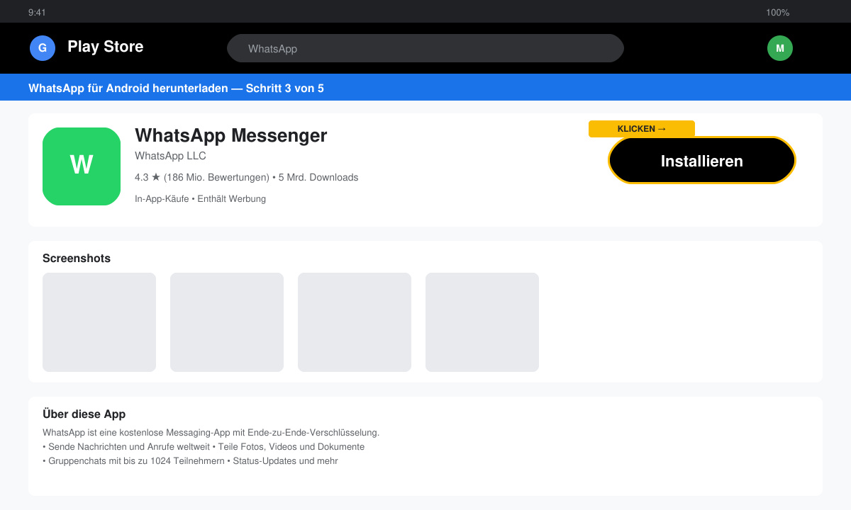 Android screen showing the WhatsApp app page in the Play Store with the green Install button highlighted