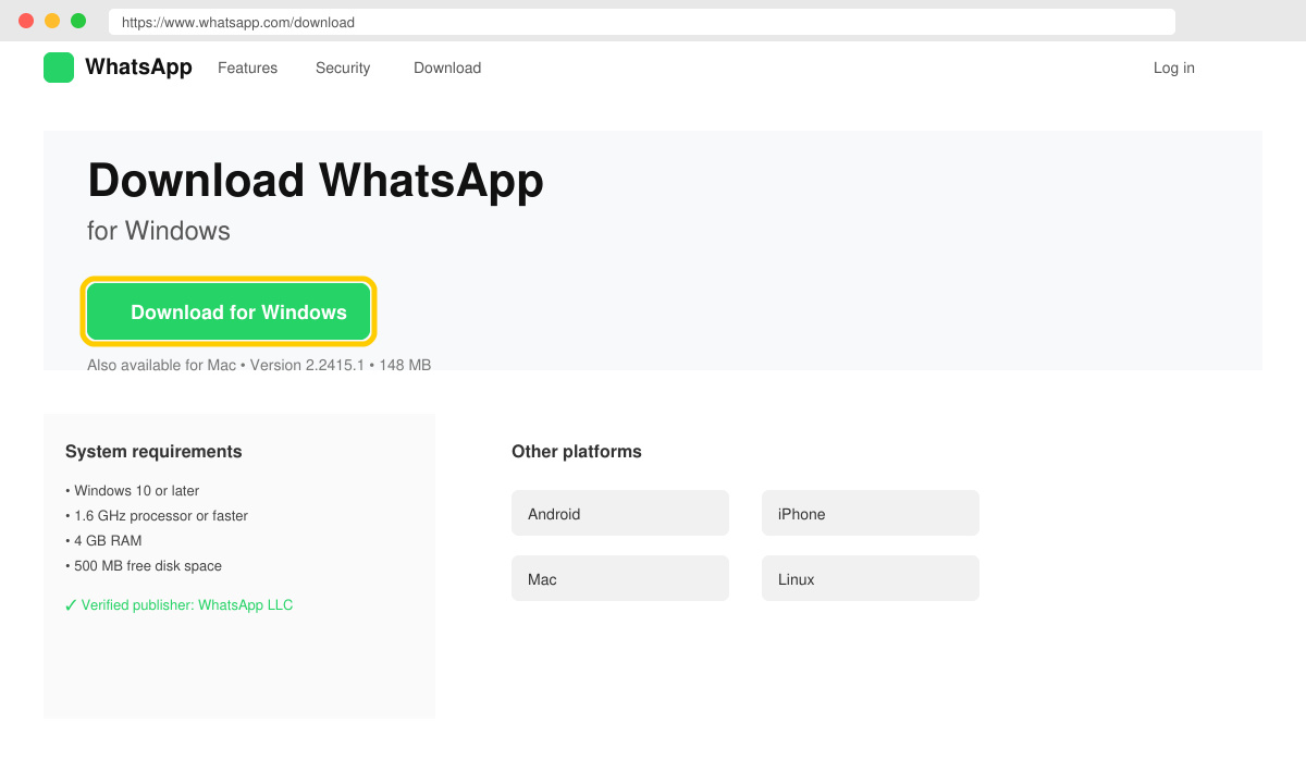 Browserfenster mit der offiziellen WhatsApp Download-Seite und hervorgehobenem Download-Button