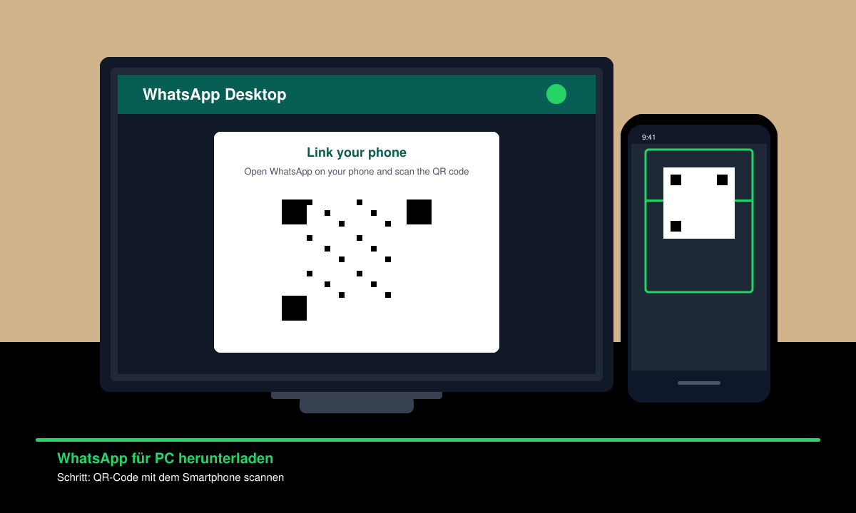 Smartphone scannt den QR-Code der WhatsApp Desktop App auf dem Computer-Monitor