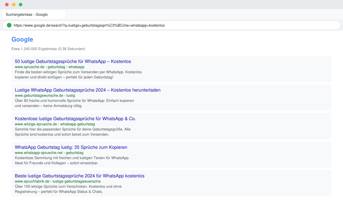 Screenshot eines Browsers mit Suchergebnissen zu lustigen Geburtstagssprüchen auf einer deutschen Webseite
