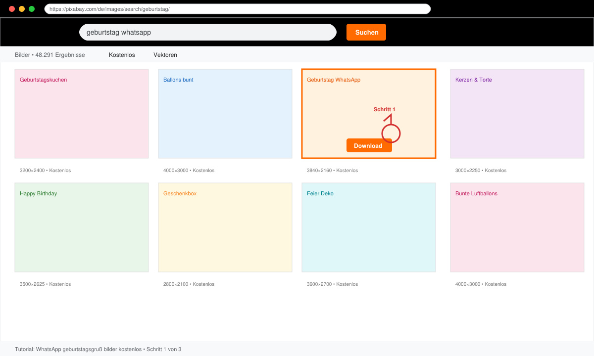 Screenshot der Pixabay-Suchergebnisse mit markiertem Download-Button für ein Geburtstagsbild