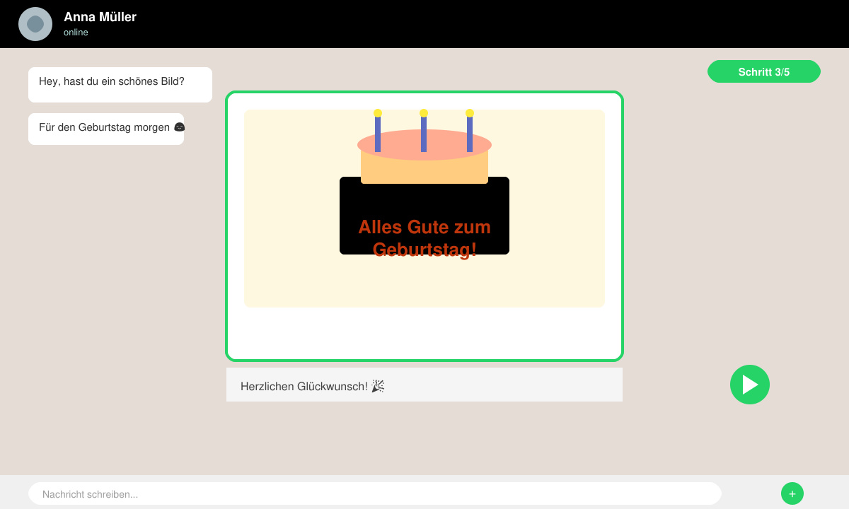 WhatsApp-Chat-Fenster mit ausgewähltem Geburtstagsbild und Senden-Button