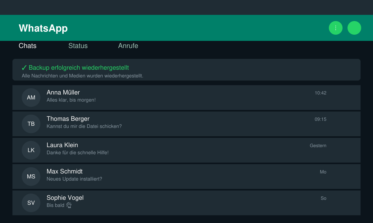 WhatsApp-Startbildschirm nach erfolgreicher Wiederherstellung eines Backups