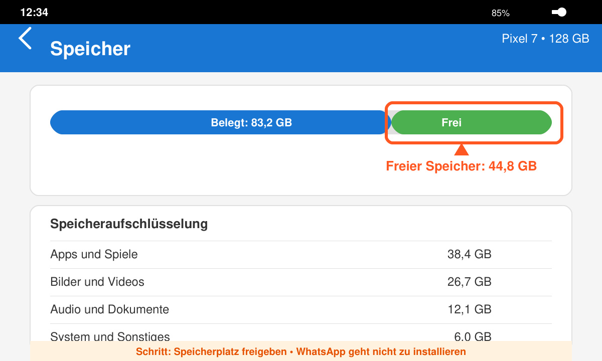 Screenshot der Speicherübersicht auf einem Android-Smartphone mit markiertem freien Speicherplatz
