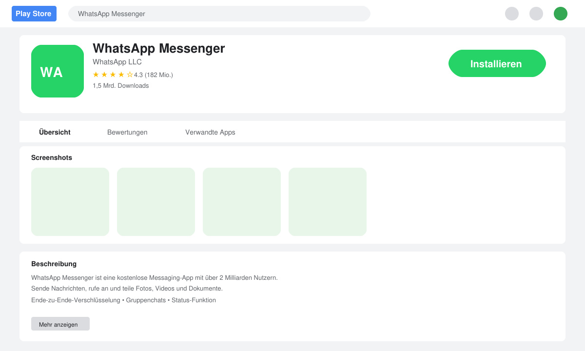 WhatsApp-Installationsseite im Google Play Store mit sichtbarem „Installieren“-Button