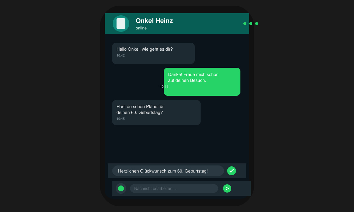 Bildschirm mit geöffnetem WhatsApp-Chat und bearbeiteter Geburtstagsnachricht