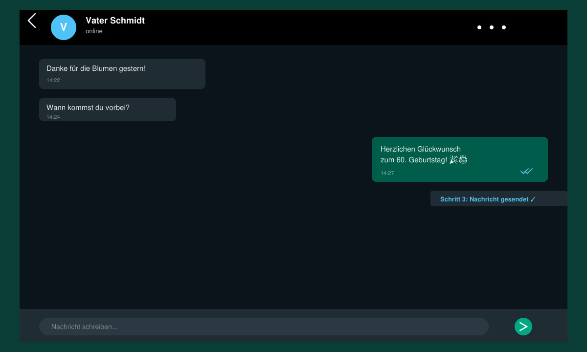 WhatsApp-Chat mit gesendeter Glückwunsch-Nachricht und Lesebestätigung