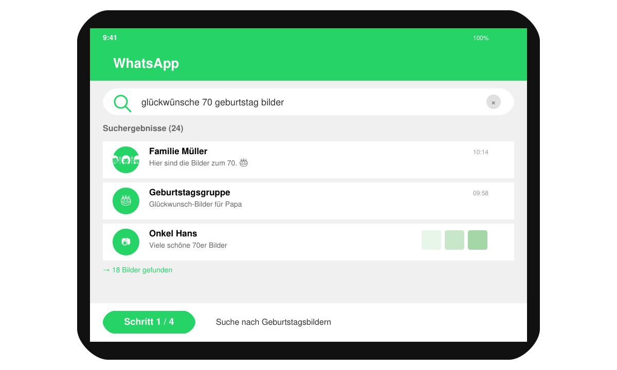 Smartphone-Bildschirm mit WhatsApp-Suche nach Geburtstagsbildern