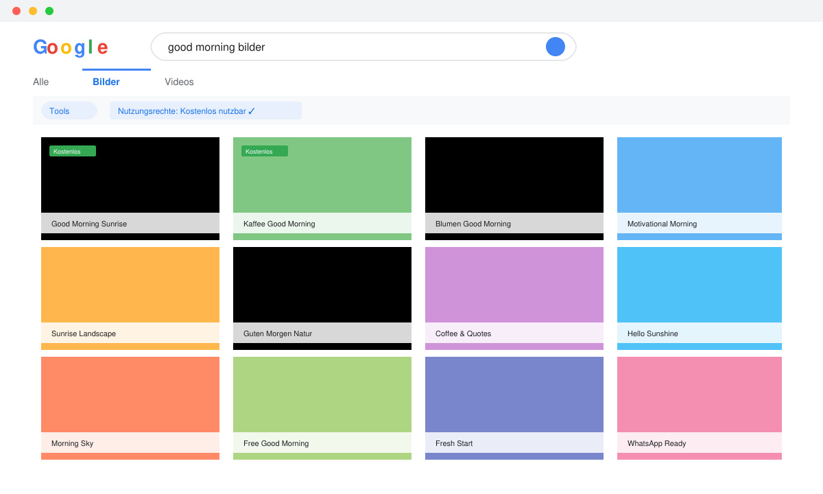 Google-Bilder-Suchergebnisse mit aktiviertem Filter für kostenlose Nutzungsrechte und Good-Morning-Motiven