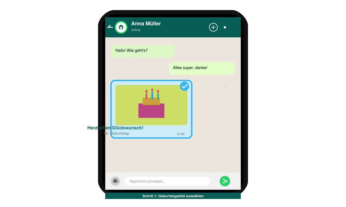 Smartphone-Bildschirm mit geöffneter WhatsApp-Chat-Ansicht und ausgewähltem Geburtstagsbild