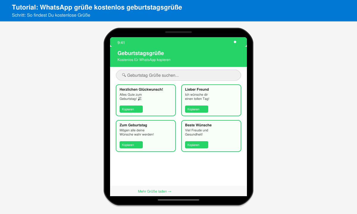 Bildschirm mit geöffneter Website, auf der verschiedene Geburtstagsgrüße zum Kopieren angezeigt werden