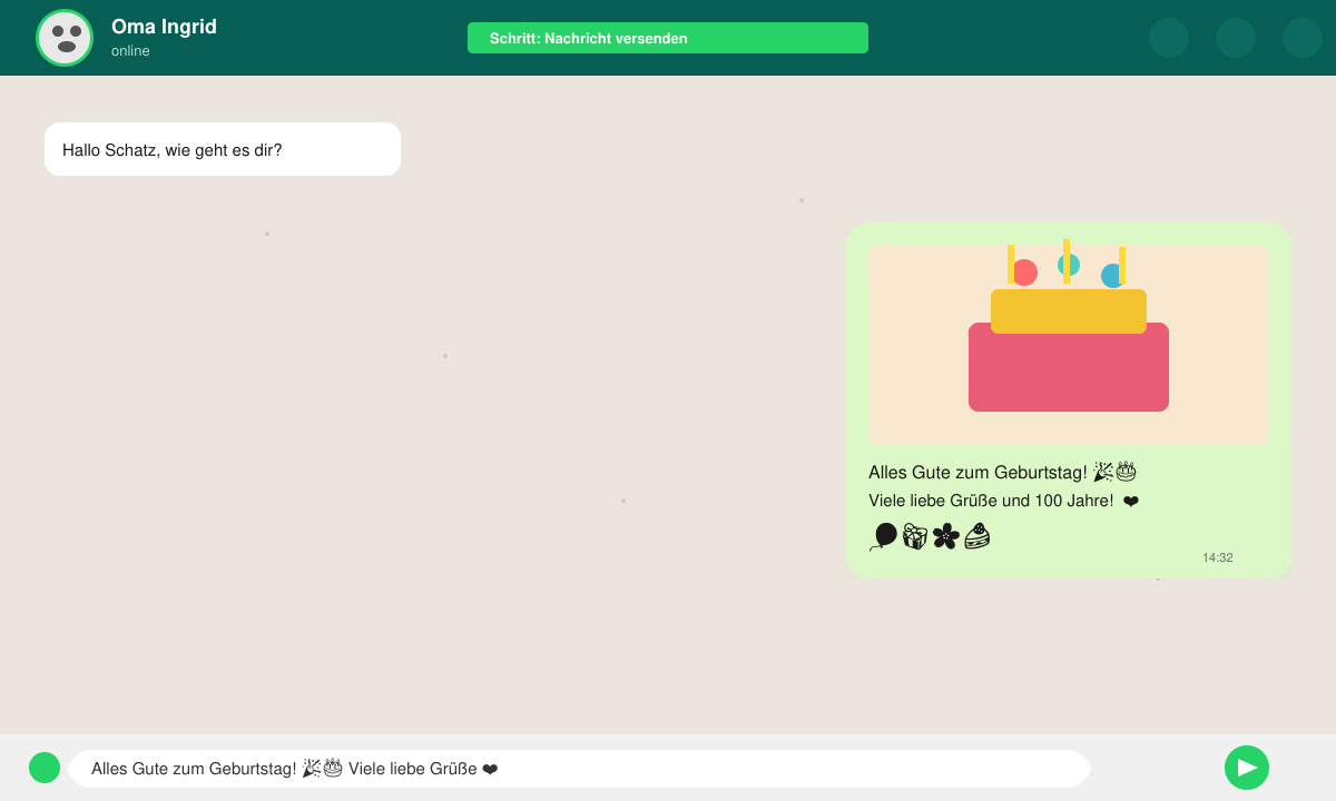 WhatsApp-Chatfenster mit fertigem Geburtstagsgruß inklusive Bild und Emojis