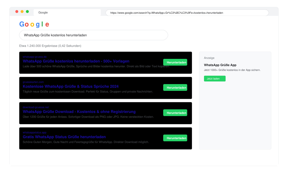 Browserfenster mit Suchergebnissen für WhatsApp Grüße und hervorgehobenen Download-Buttons