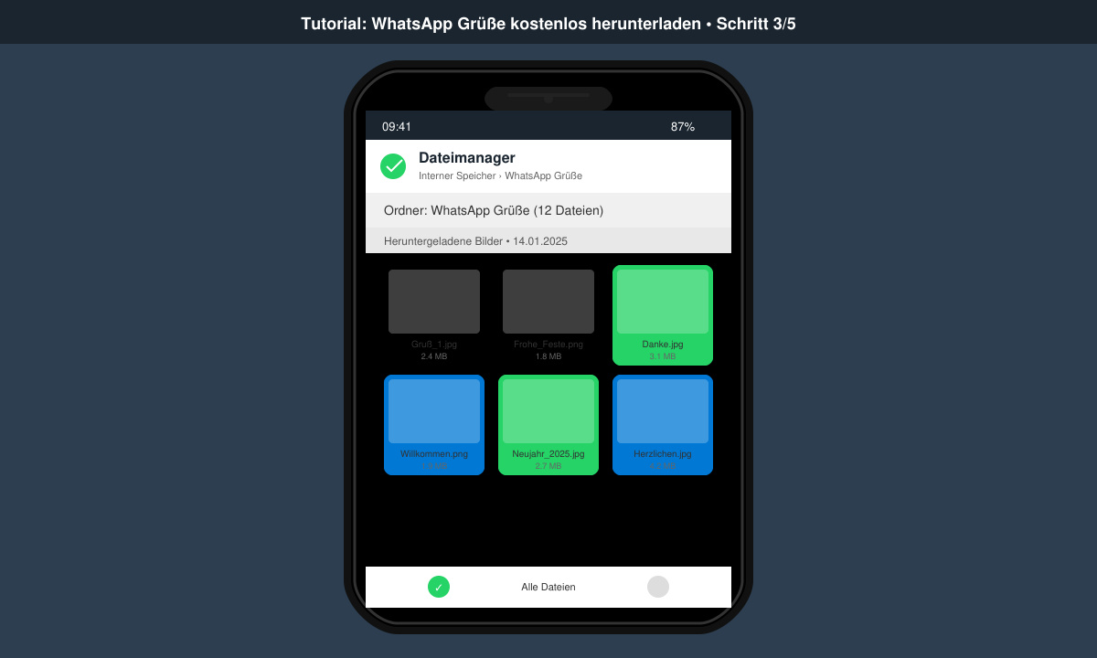 Dateimanager auf dem Smartphone mit markiertem Ordner „WhatsApp Grüße“ und heruntergeladenen Bildern