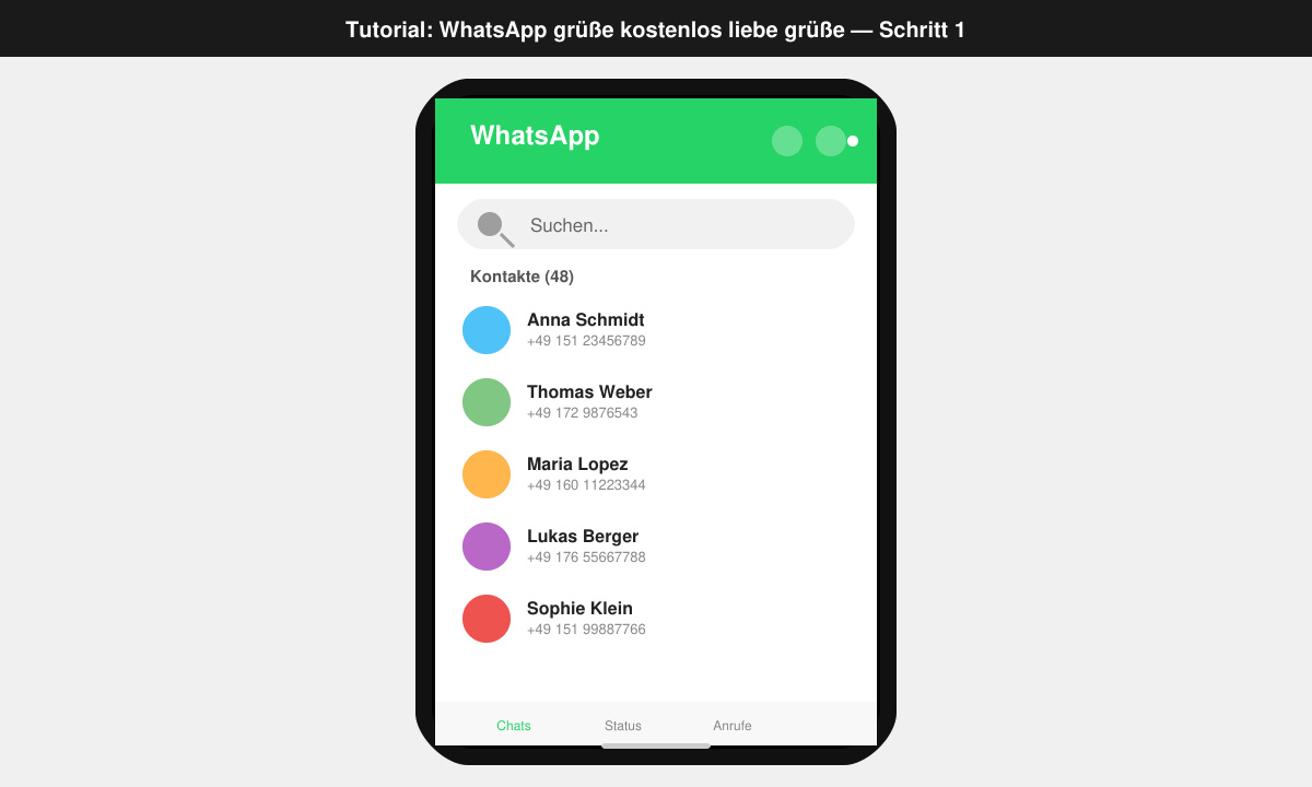 Smartphone-Bildschirm mit geöffneter WhatsApp-Kontaktliste und Suchleiste