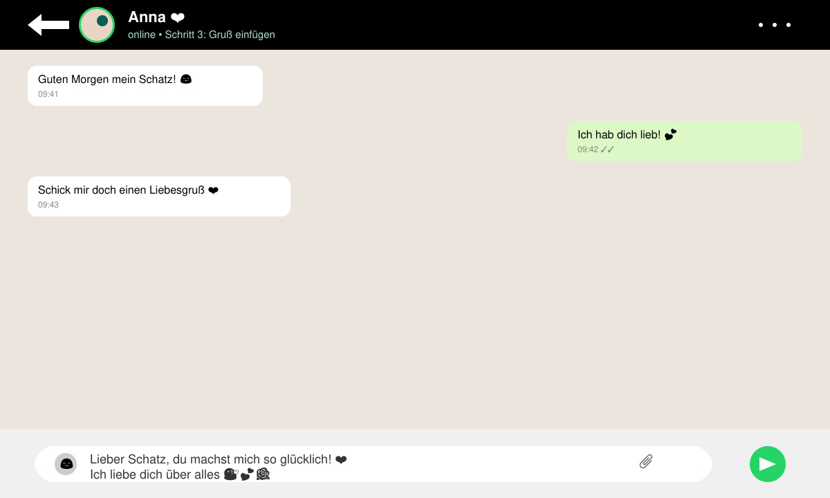 WhatsApp-Chatfenster mit eingefügtem Liebesgruß und Emojis vor dem Senden
