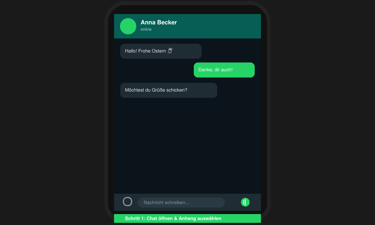 WhatsApp Chat-Oberfläche mit ausgewähltem Kontakt für Ostergrüße