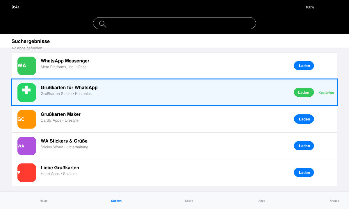 Screenshot of app store search results highlighting a free greeting card app for WhatsApp