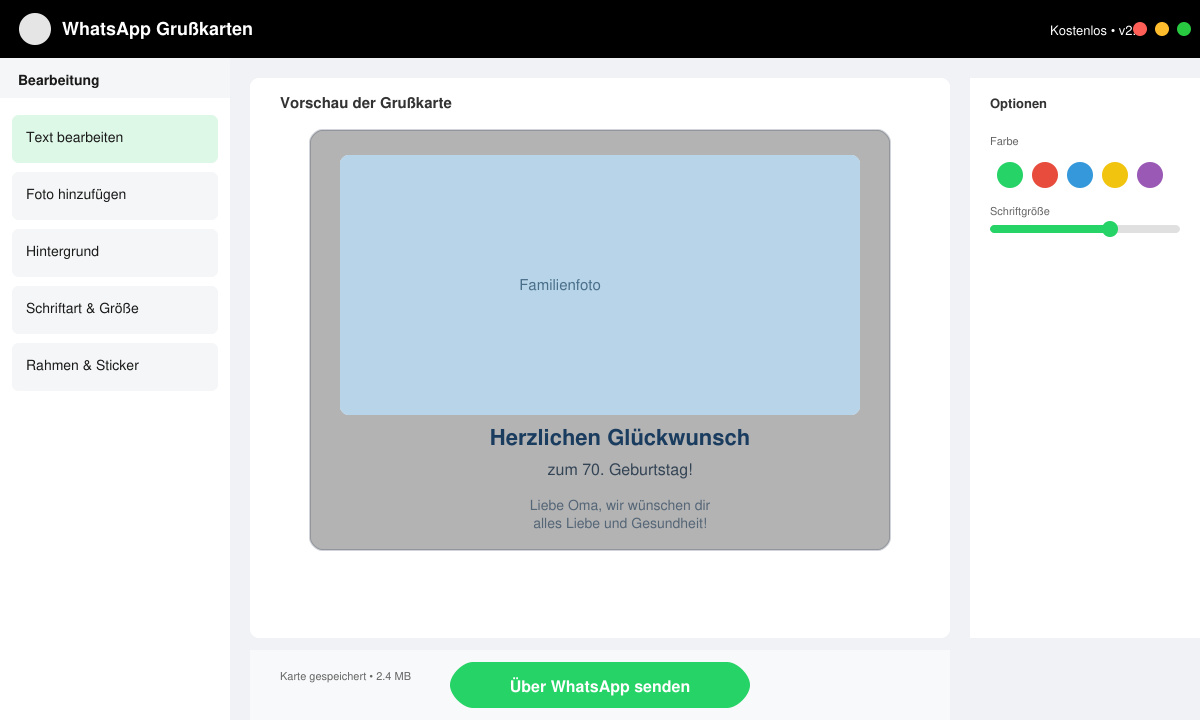 Editing screen inside the app where a user customizes a greeting card with text and photo before sending via WhatsApp