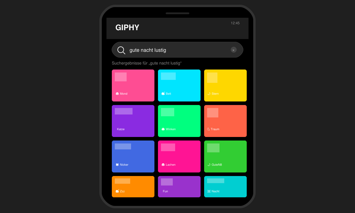 Suchleiste auf Giphy mit dem Begriff gute nacht lustig