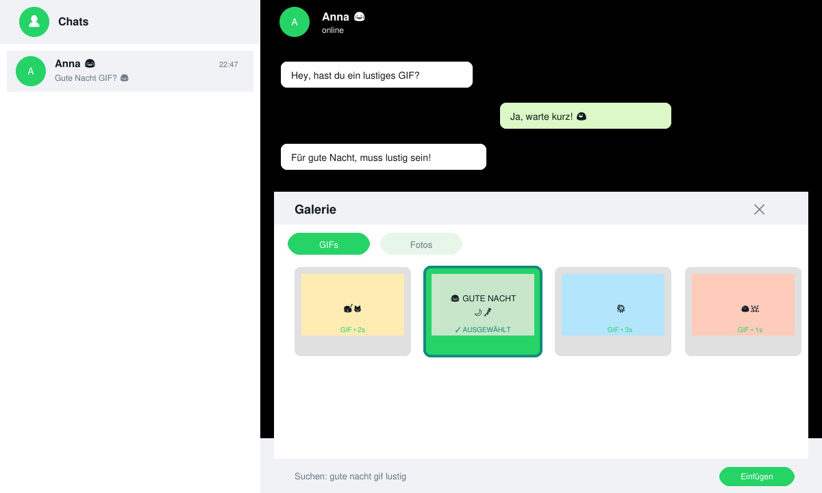 WhatsApp-Chat mit geöffneter Galerie und ausgewähltem GIF