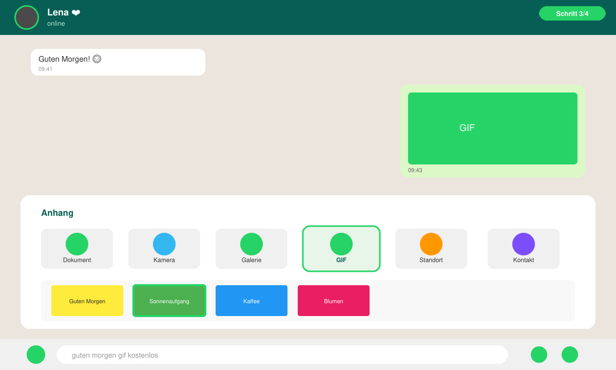 WhatsApp-Chat mit geöffnetem Anhang-Menü und ausgewähltem GIF