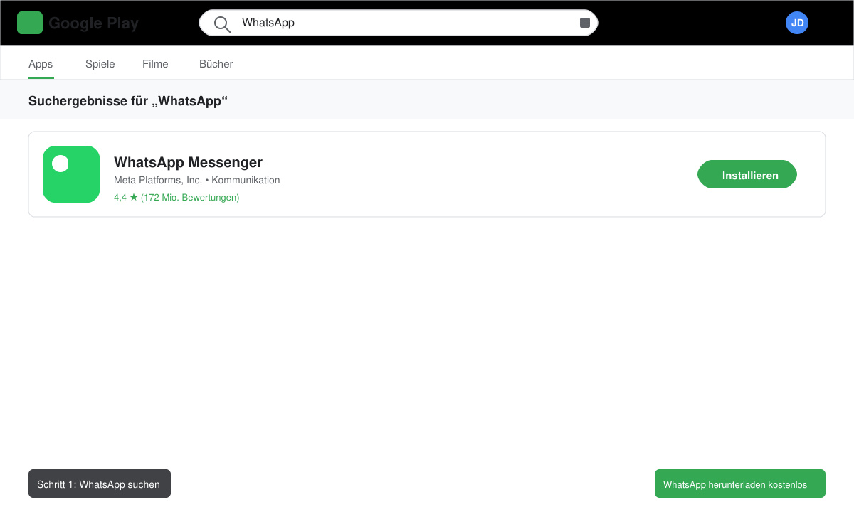 Screenshot des Google Play Stores mit WhatsApp in der Suchleiste