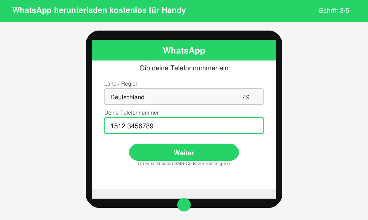 WhatsApp-Startbildschirm mit Eingabefeld für die Telefonnummer