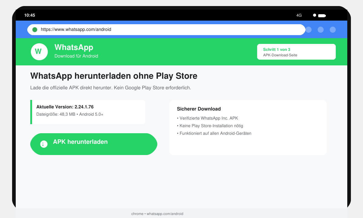 Browserfenster auf einem Android-Gerät mit der WhatsApp-Download-Seite und hervorgehobenem APK-Download-Button