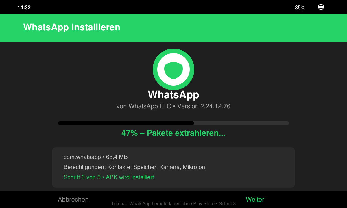 Installationsbildschirm von WhatsApp auf Android mit Fortschrittsbalken und Bestätigungsbutton