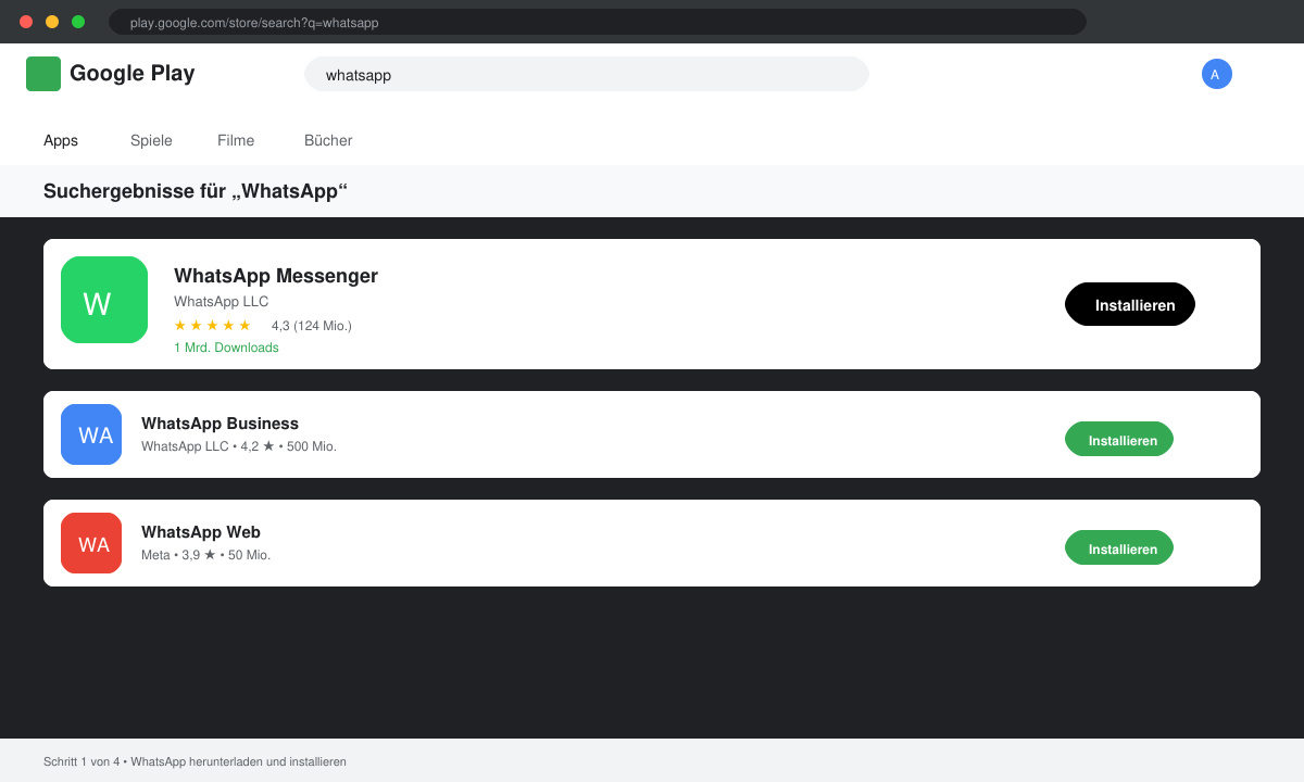 Screenshot der Suchergebnisse im Google Play Store mit der WhatsApp-App