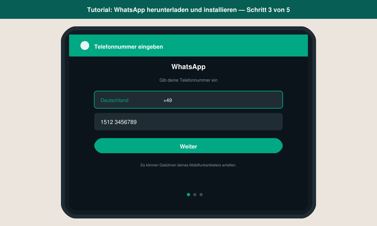 WhatsApp-Einrichtungsbildschirm mit Telefonnummer-Eingabe