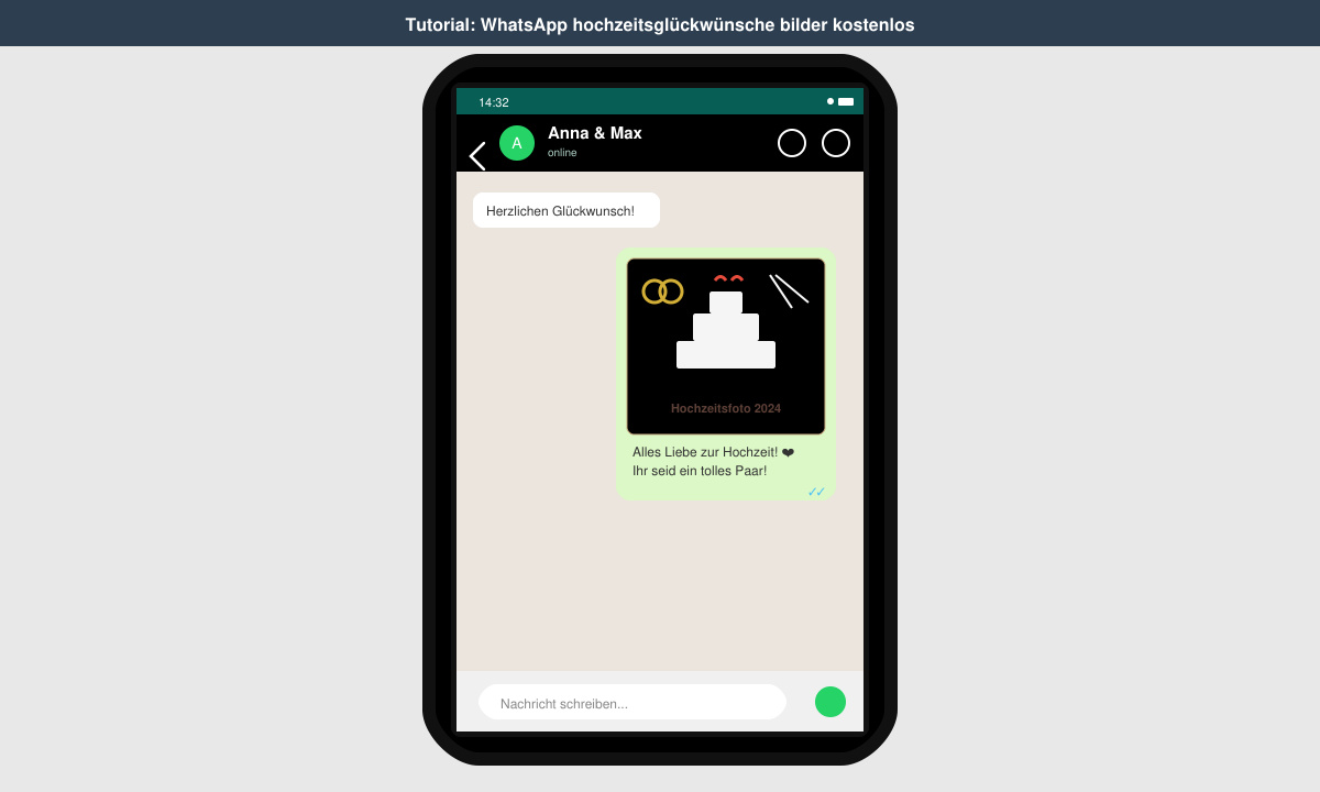 WhatsApp-Chat mit gesendetem Hochzeitsbild und Glückwunsch