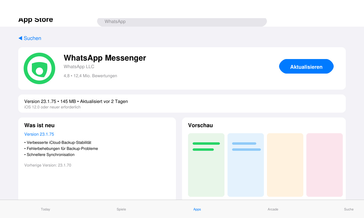 WhatsApp iCloud Backup funktioniert nicht - App Store Update Ansicht