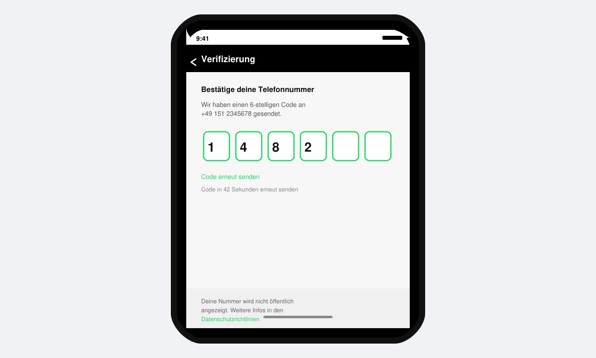 WhatsApp Begrüßungsbildschirm mit Eingabefeld für Telefonnummer auf iPhone
