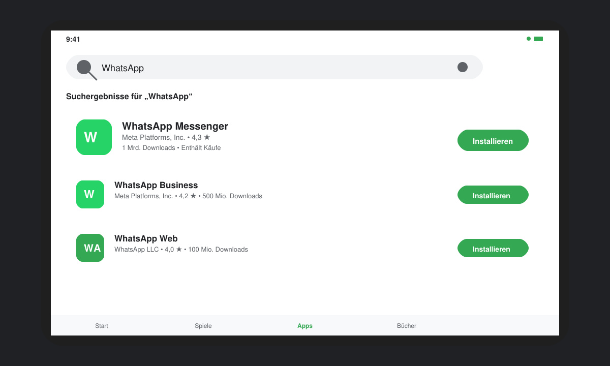 Screenshot des Play Stores mit Suchergebnis für WhatsApp
