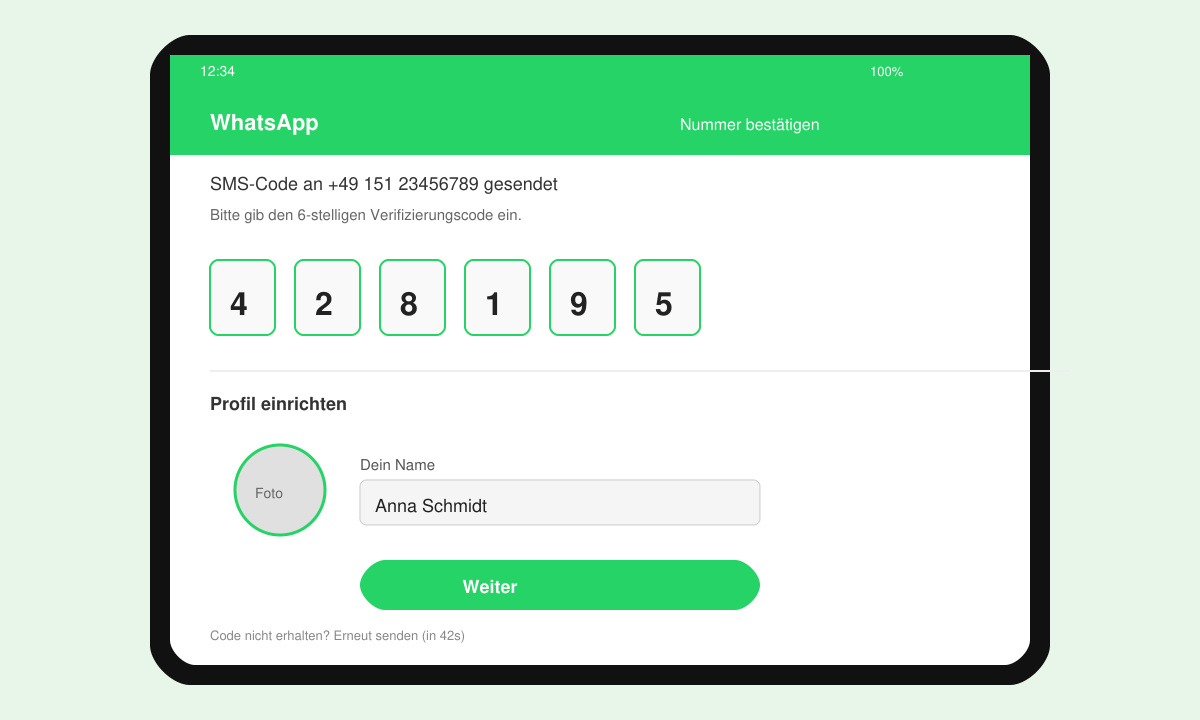 WhatsApp-Verifizierungsbildschirm mit SMS-Code-Eingabe