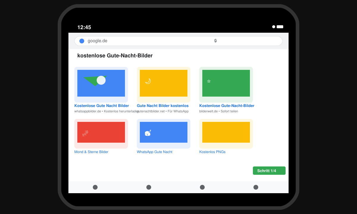 Browser-Suchergebnisse mit Gute-Nacht-Bildern auf einem Handy-Bildschirm