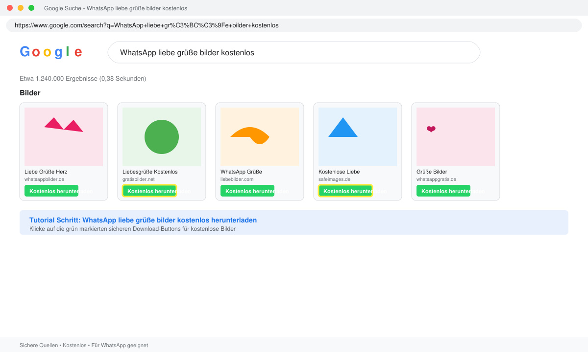 Screenshot of Google search results for free love greeting images with safe download buttons highlighted