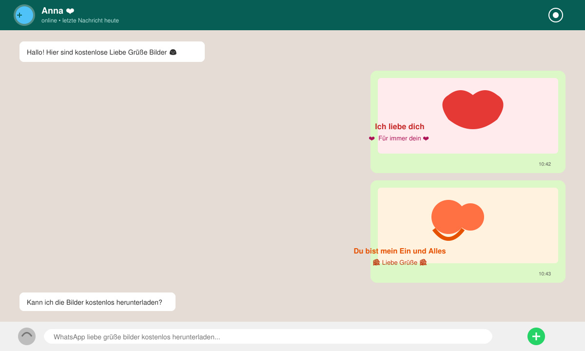Close-up of WhatsApp chat showing sent love greeting images with hearts and romantic text