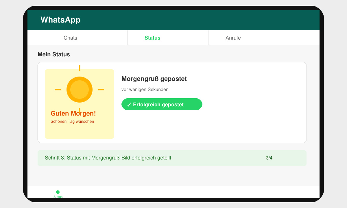 WhatsApp status screen with a morning greeting image posted successfully
