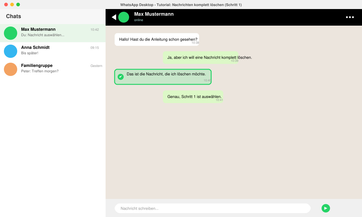 WhatsApp Chat geöffnet mit sichtbarer Nachricht zum Löschen