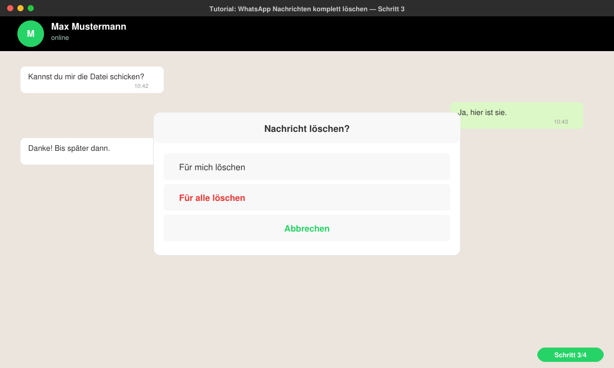 Löschmenü in WhatsApp mit ausgewählter Option Für alle löschen