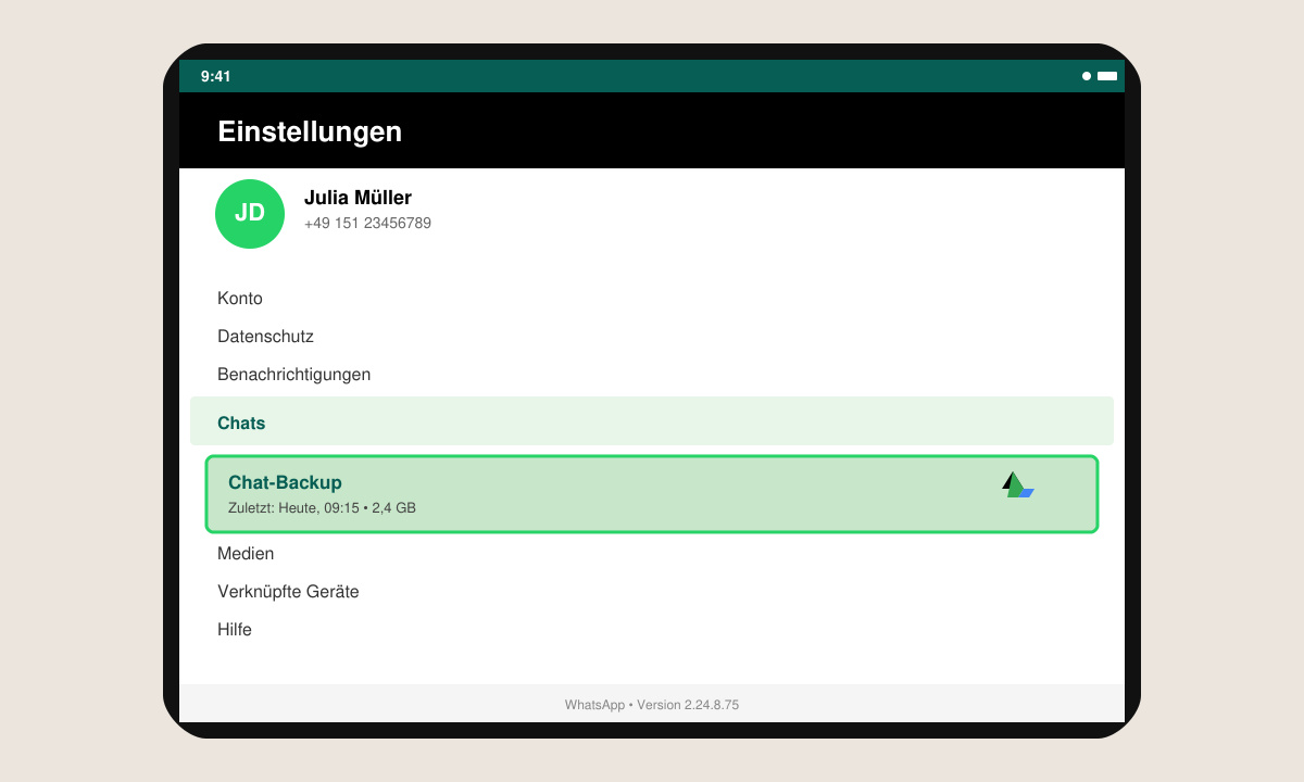 Bildschirm mit WhatsApp-Chat-Backup-Optionen